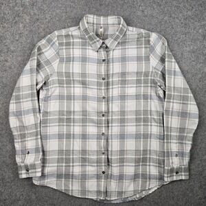 KUHL Kamila Flannel Womens M White Blue Plaid Button Up Shirt Long Sleeve Soft